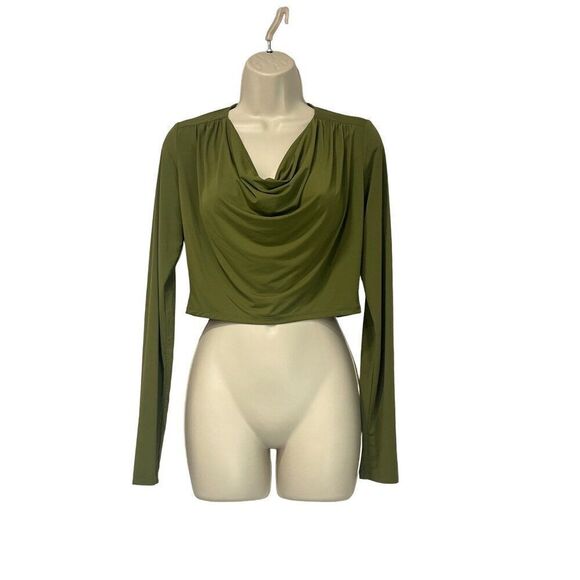 Open Edit Cowl Neck Long Sleeve Crop Top, Olive Sphagnum, XS - Picture 2 of 10